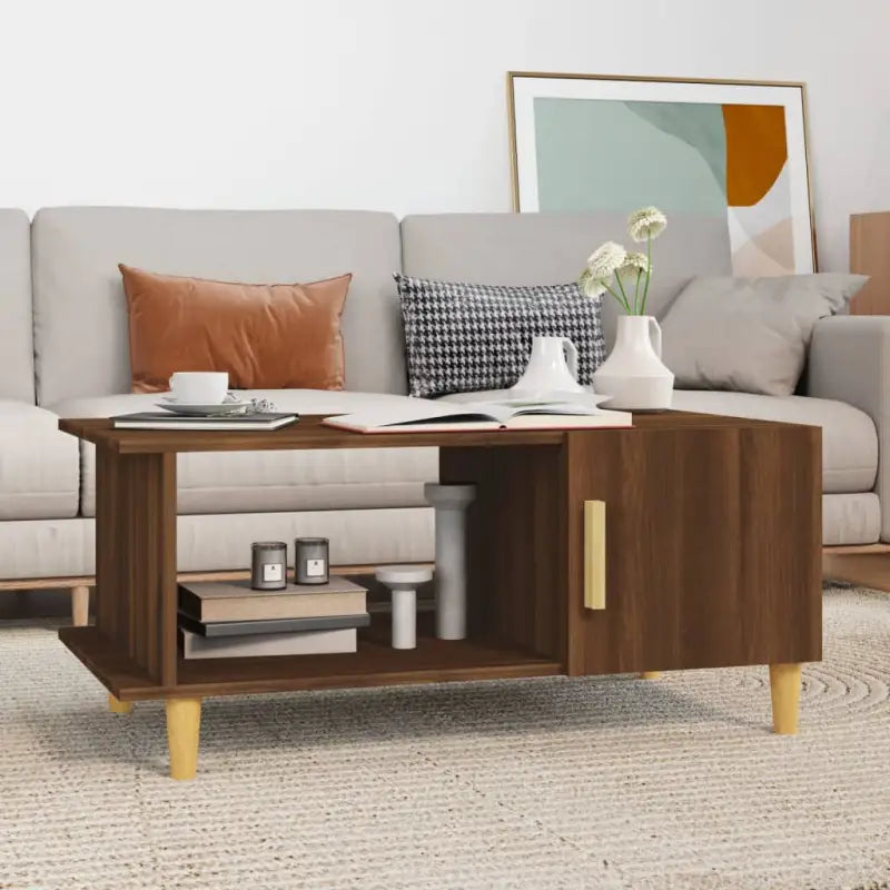 Salontafel in hoogglans wit met bewerkt hout voor een elegante woonkamer - bruin eikenkleur / 1 - Salontafels