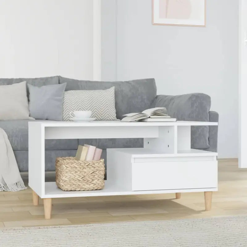 Salontafel met bewerkt hout en houten poten voor een unieke uitstraling - Hoogglans wit / 1 - Salontafels
