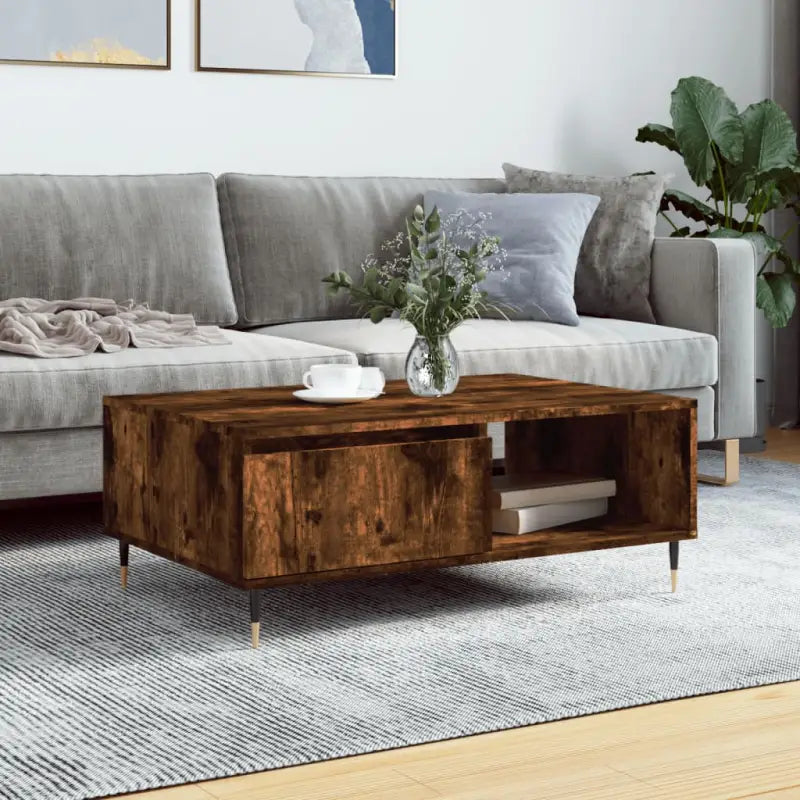Salontafel met bewerkt hout en ijzeren poten voor stijl en functionaliteit - Gerookt eiken / 1 - Salontafels