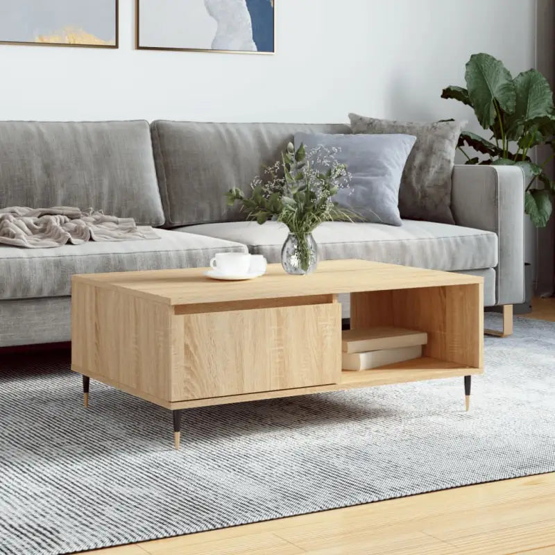 Salontafel met bewerkt hout en ijzeren poten voor stijl en functionaliteit - Sonoma eiken / 1 - Salontafels