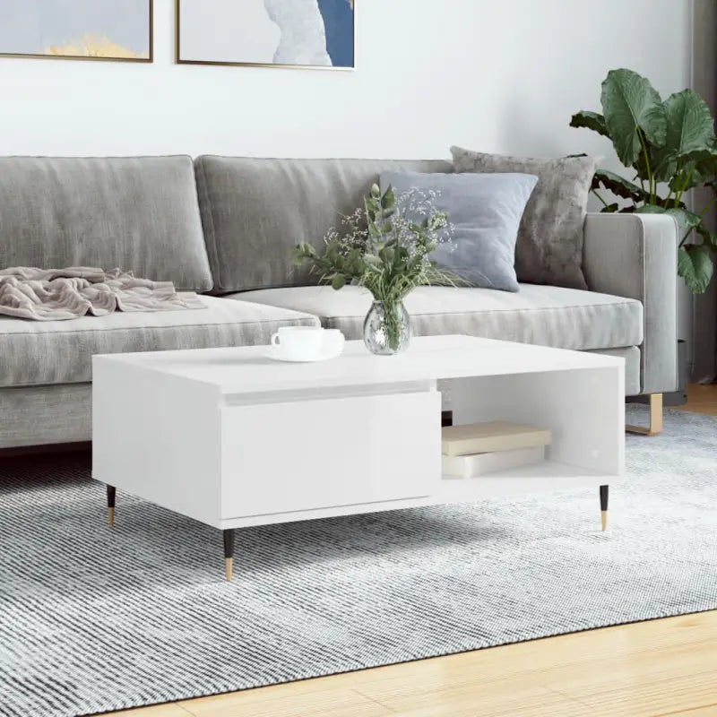 Salontafel met bewerkt hout en ijzeren poten voor stijl en functionaliteit - Hoogglans wit / 1 - Salontafels