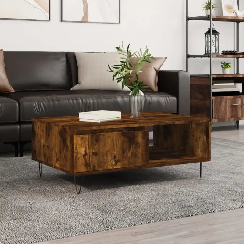 Salontafel met bewerkt hout en ijzeren poten voor uitstraling - Gerookt eiken / 1 - Salontafels
