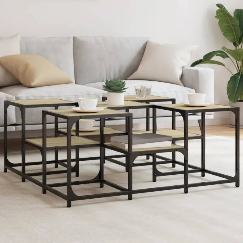 Salontafel met bewerkt hout en metalen frame met verstelbare poten - Sonoma eiken / 91 x 91 x 40 cm / 1 - Salontafels