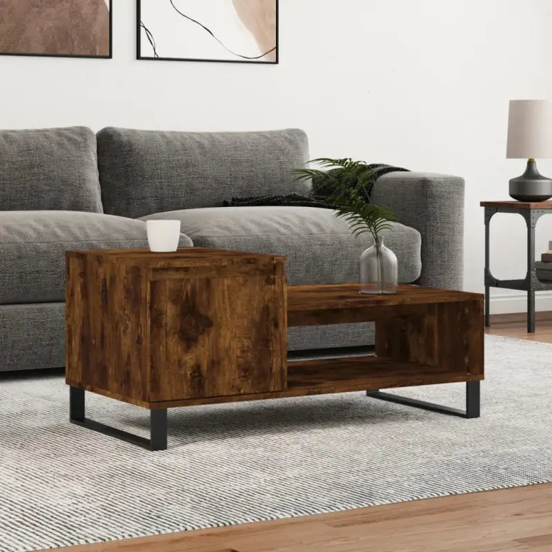 Salontafel met bewerkt hout en metalen poten voor een elegante woonkamer - Gerookt eiken / 1 - Salontafels