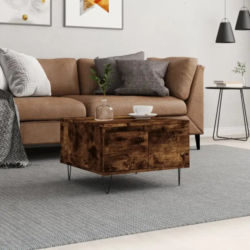 Salontafel met bewerkt hout en metalen poten voor moderne elegantie - Gerookt eiken / 1 - Salontafels
