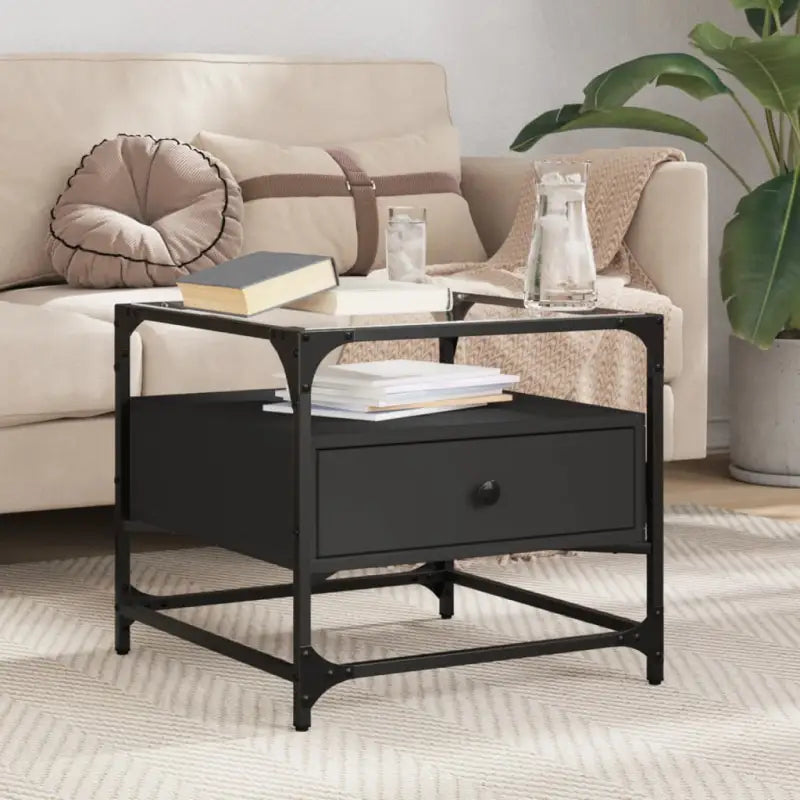 Salontafel met glazen blad en gerookt eiken afwerking - Zwart / 1 - Salontafels