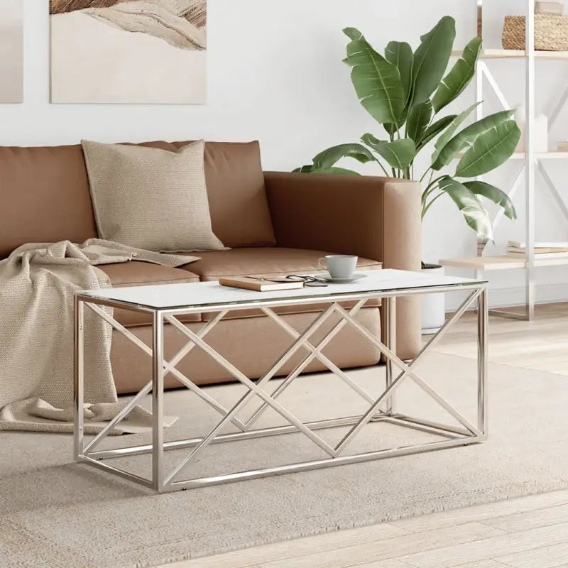 Salontafel met glazen blad en roestvrij staal voor een moderne uitstraling - Zilver en wit / 1 / Glas - Salontafels