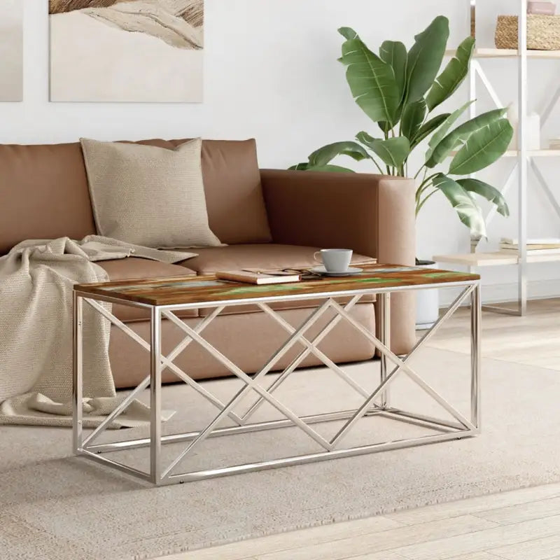 Salontafel met glazen blad en roestvrij staal voor een moderne uitstraling - Zilverkleurig en bruin / 1 / Hout