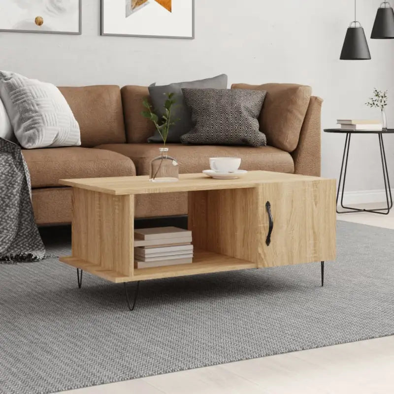 Salontafel met ijzeren poten en bewerkt hout in grijs sonoma - Sonoma eiken / 1 - Salontafels
