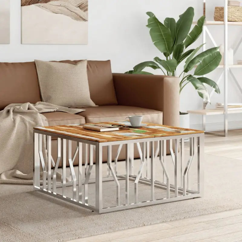 Salontafel met massief acaciahout en roestvrijstalen frame - Zilverkleurig en bruin / 1 / Hout - Salontafels
