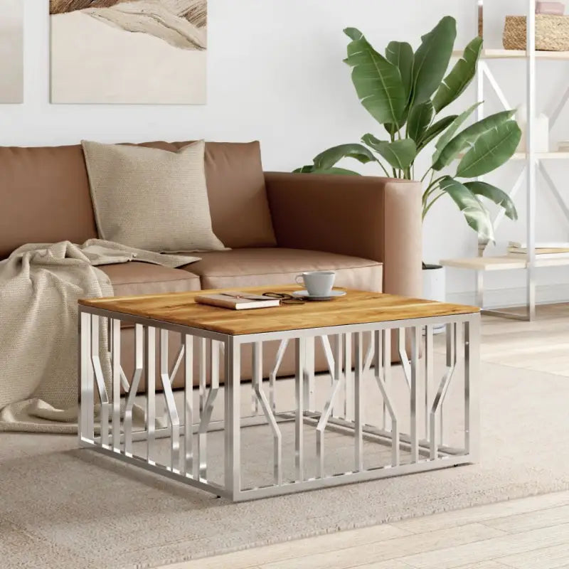Salontafel met massief acaciahout en roestvrijstalen frame - Zilverkleurig en lichtbruin / 1 / Hout - Salontafels