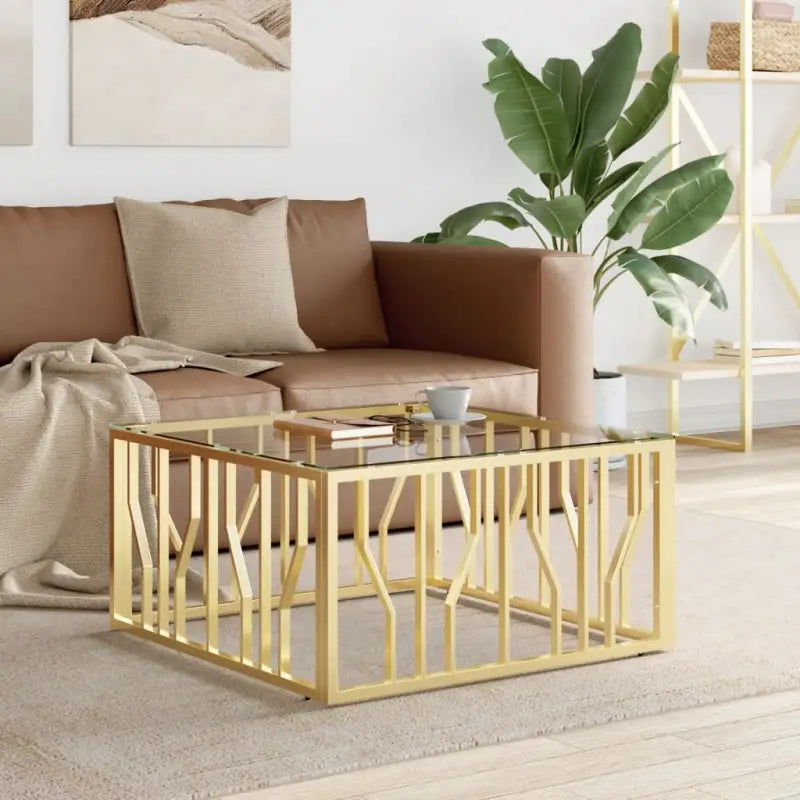 Salontafel met massief acaciahout en roestvrijstalen frame - Goud / 1 / Glas - Salontafels