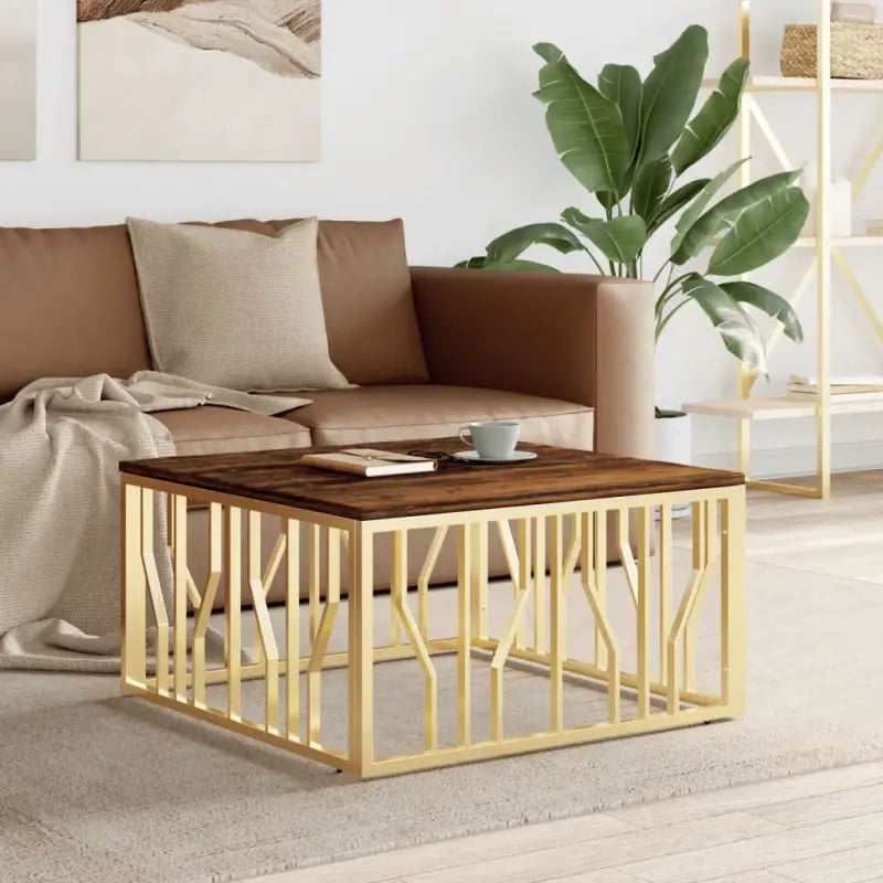 Salontafel met massief acaciahout en roestvrijstalen frame - Goud / 1 / Hout - Salontafels