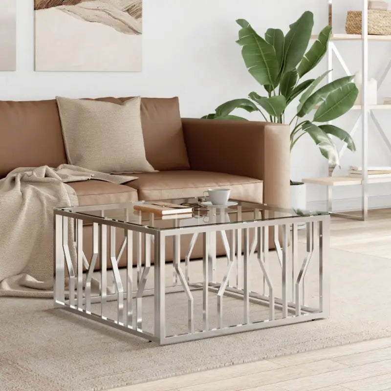 Salontafel met massief acaciahout en roestvrijstalen frame - Zilver / 1 / Glas - Salontafels