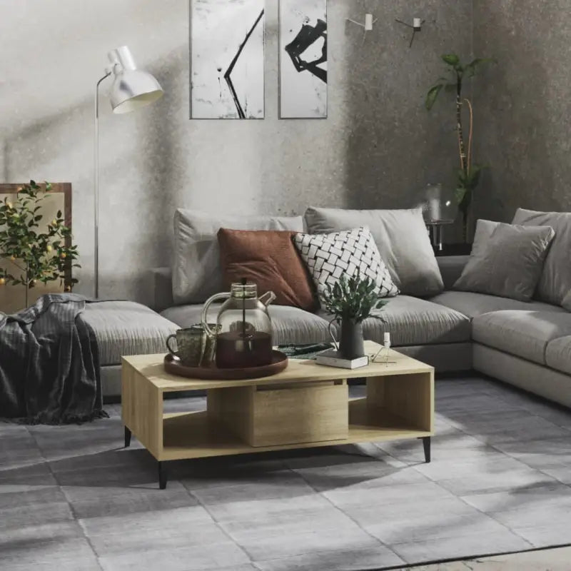 Salontafel met metalen poten en bewerkt hout in hoogglans grijs - Sonoma eiken / 1 - Salontafels