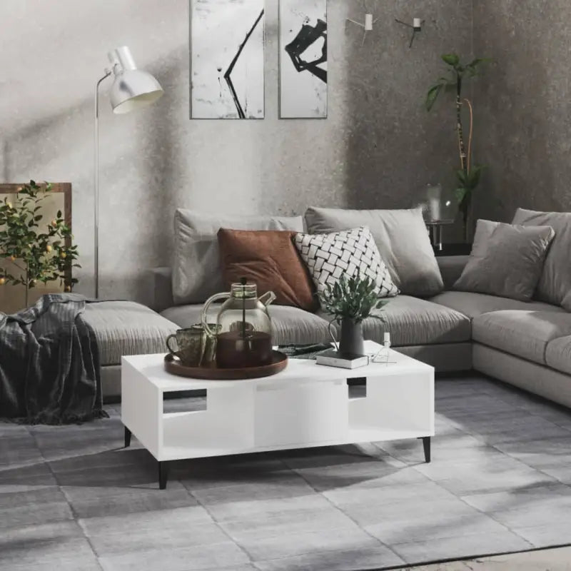 Salontafel met metalen poten en bewerkt hout in hoogglans grijs - Wit / 1 - Salontafels