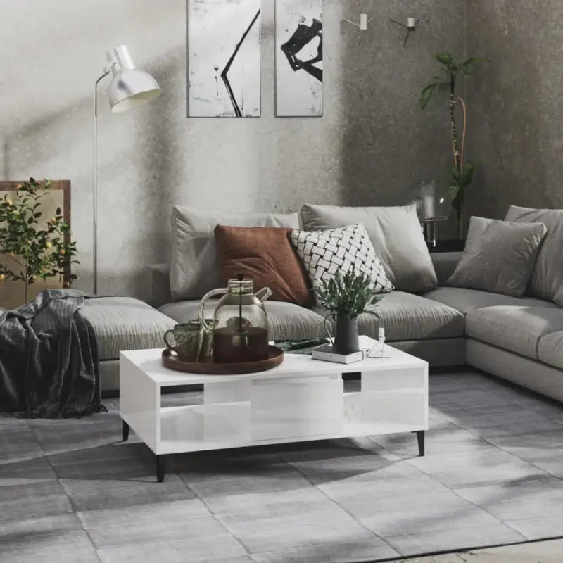 Salontafel met metalen poten en bewerkt hout in hoogglans grijs - Hoogglans wit / 1 - Salontafels