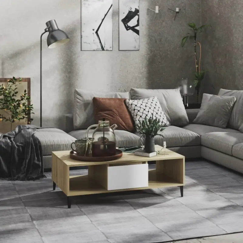 Salontafel met metalen poten en bewerkt hout in hoogglans grijs - Wit en sonoma eiken / 1 - Salontafels