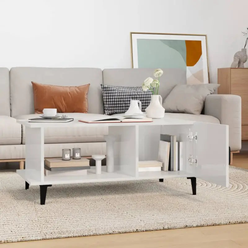 Salontafel met metalen poten en hoogglans wit afwerking van bewerkt hout - Salontafels