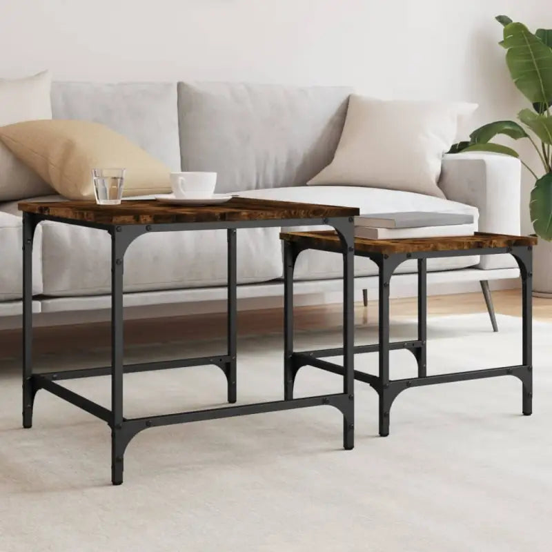 Salontafels met bewerkt hout en metalen frame voor kleine ruimtes - Gerookt eiken / 2 - Salontafels