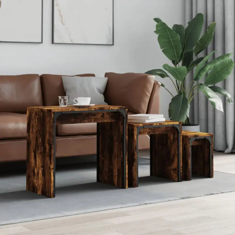 Salontafelset met bewerkt hout en metalen frame voor kleine ruimtes - Gerookt eiken / 1 - Salontafels