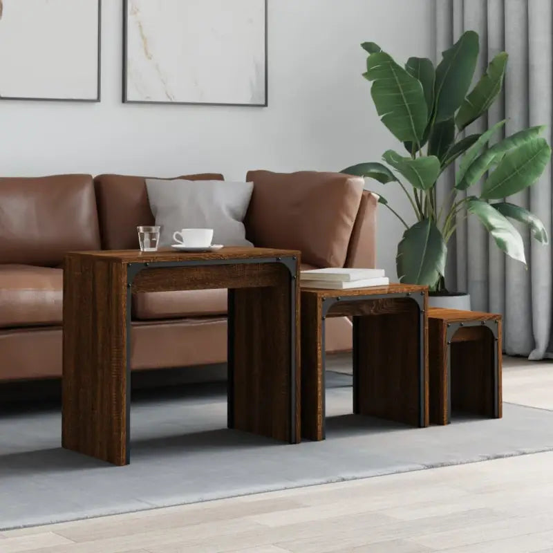 Salontafelset met bewerkt hout en metalen frame voor kleine ruimtes - bruin eikenkleur / 1 - Salontafels