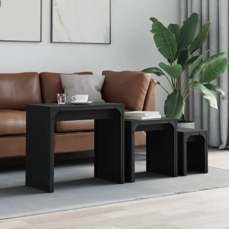 Salontafelset met bewerkt hout en metalen frame voor kleine ruimtes - Zwart / 1 - Salontafels