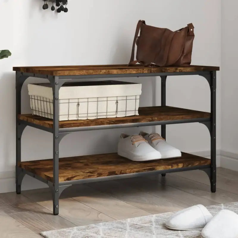 Schoenenbank met bewerkt hout en verstelbare poten voor schoenen overzichtelijk - Gerookt eiken / 70 x 38.5 x 49 cm