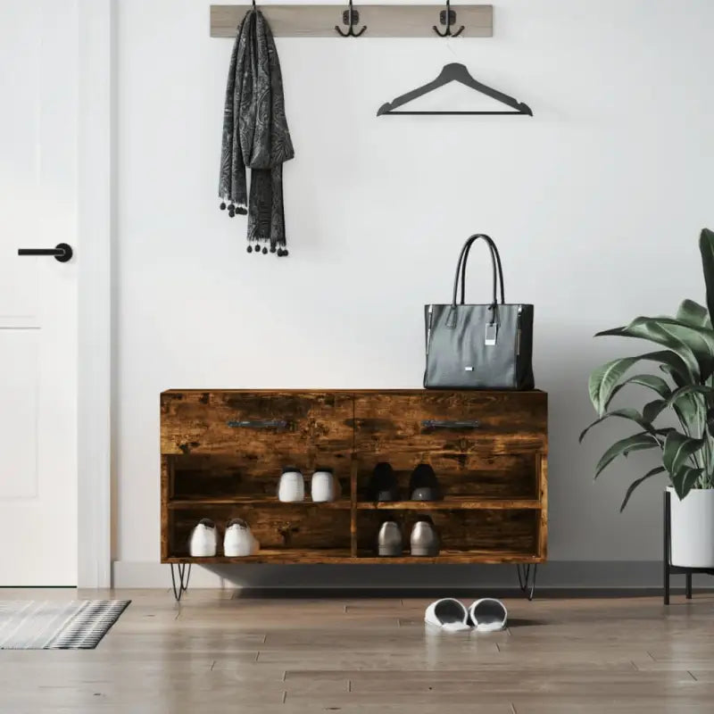 Schoenenbank met ijzeren poten en bewerkt hout voor opgeruimde schoenen - Gerookt eiken / 1 - Schoenenrekken