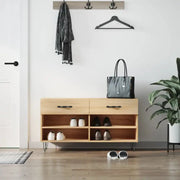 Schoenenbank met ijzeren poten en bewerkt hout voor opgeruimde schoenen - Schoenenrekken