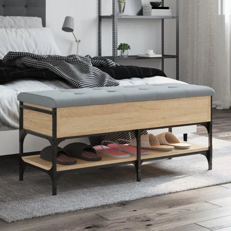 Schoenenbank met opbergruimte in Grijs Sonoma en bewerkt hout - Sonoma eiken / 102 x 42 x 45 cm - Opberg- & halbankjes