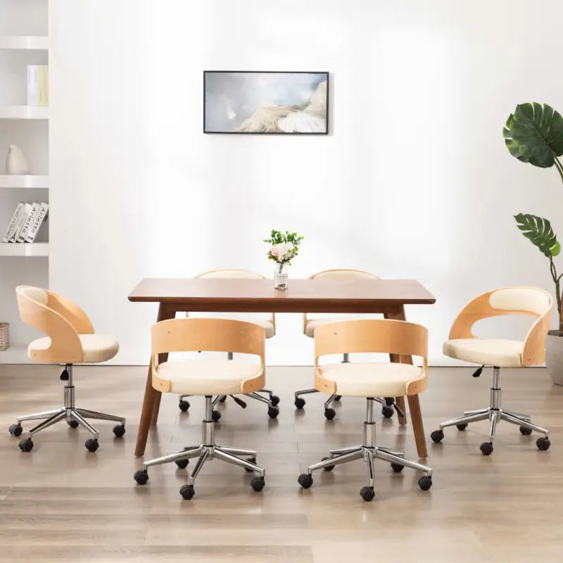 Set van 2 eetkamerstoelen met kunststof wieltjes en kunstleer bekleding - Crème / 6 - Eetkamerstoelen