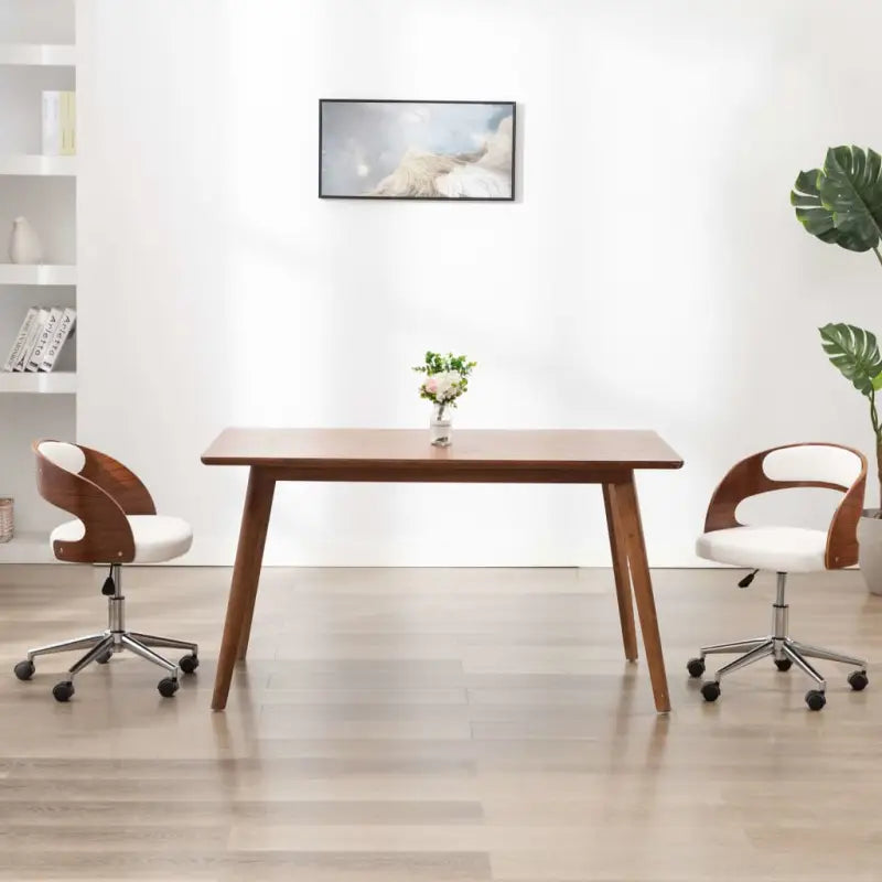 Set van 2 eetkamerstoelen met kunststof wieltjes en kunstleer bekleding - Wit / 2 - Eetkamerstoelen