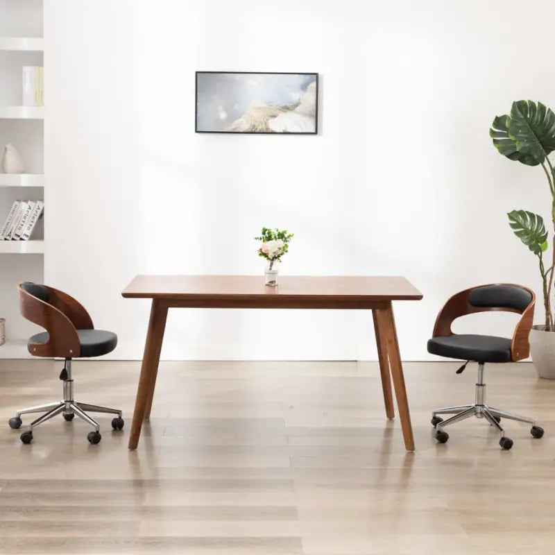 Set van 2 eetkamerstoelen met kunststof wieltjes en kunstleer bekleding - Zwart en donkerbruin / 2 - Eetkamerstoelen