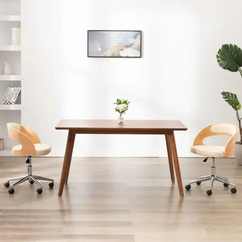 Set van 2 eetkamerstoelen met kunststof wieltjes en kunstleer bekleding - Crème / 1 - Eetkamerstoelen