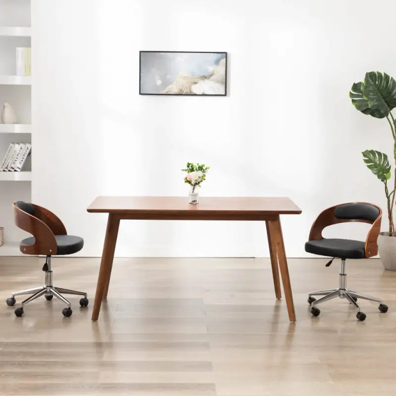Set van 2 eetkamerstoelen met kunststof wieltjes en kunstleer bekleding - Zwart en donkerbruin / 1 - Eetkamerstoelen