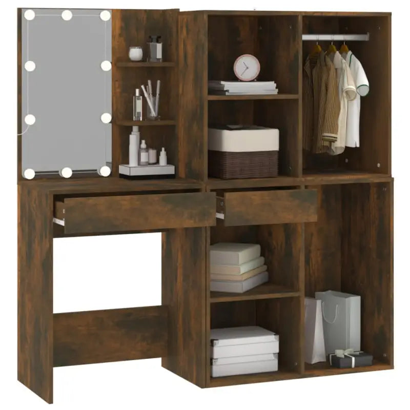 Slaapkamerkaptafel van bewerkt hout met LED verlichting en binnen handbereik spullen - Slaapkamerkaptafels