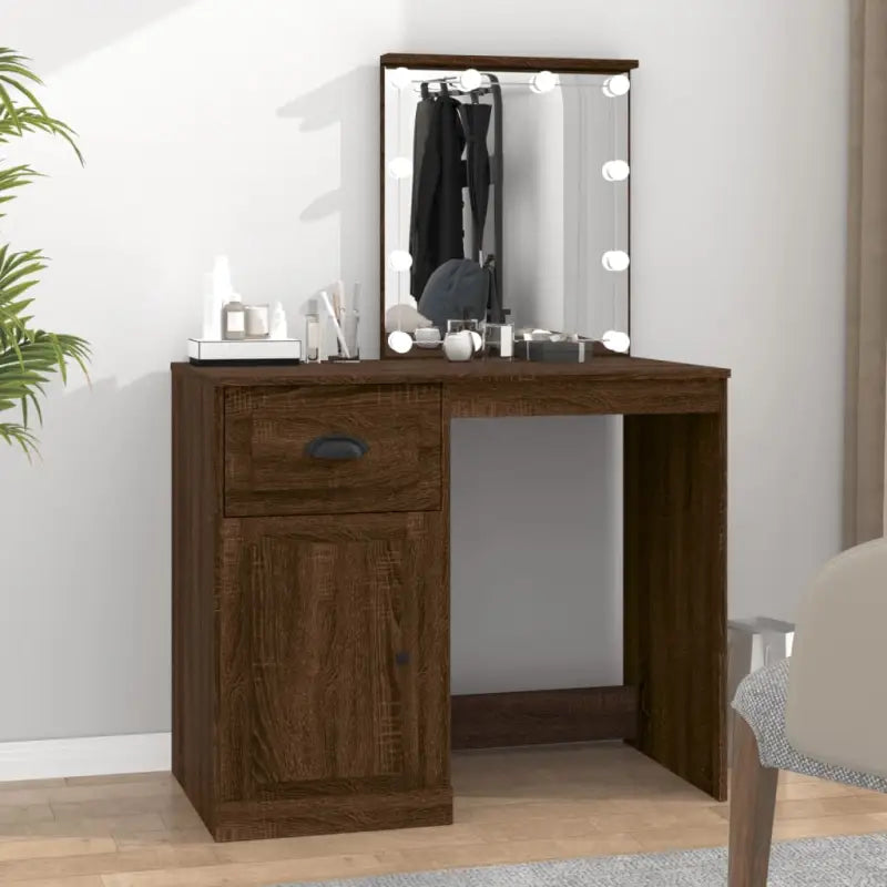 Slaapkamerkaptafel van bewerkt hout met moderne asymmetrische vorm - bruin eikenkleur / 1 / met LED