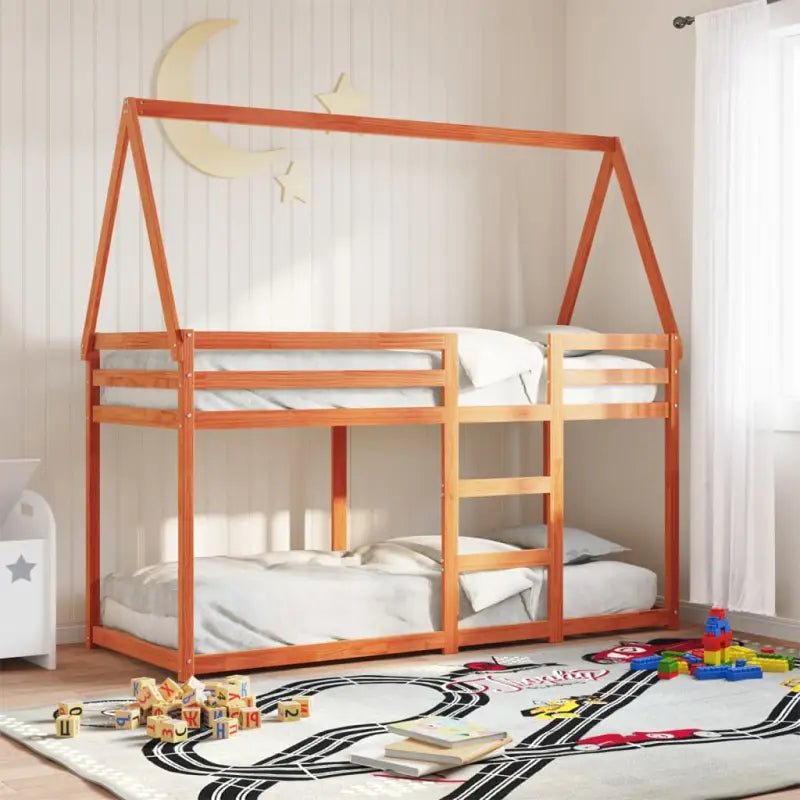 Stapelbed met bedhuis en open zijdeur in massief grenenhout - Wasbruin / 75 x 190 cm - Bedden & bedframes