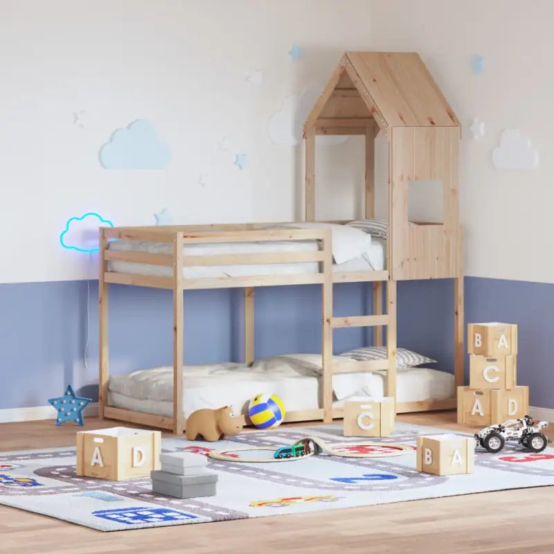 Stapelbed met bedhuis in massief grenenhout en open zijdeur - Naturel / 90 x 190 cm - Bedden & bedframes
