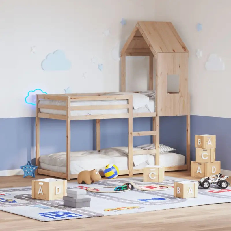 Stapelbed met bedhuis in massief grenenhout en open zijdeur - Naturel / 80 x 200 cm - Bedden & bedframes