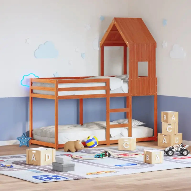 Stapelbed met bedhuis in massief grenenhout en open zijdeur - Wasbruin / 80 x 200 cm - Bedden & bedframes