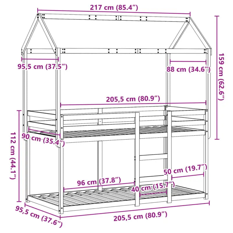 Stapelbed met bedhuis van massief grenenhout en open zijdeur - Bedden & bedframes