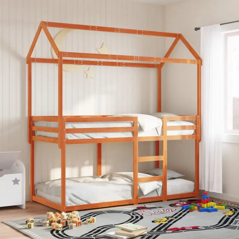 Stapelbed met bedhuis van massief grenenhout en open zijdeur - Wasbruin / 90 x 200 cm - Bedden & bedframes