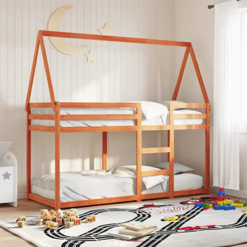 Stapelbed met bedhuis van massief grenenhout en open zijdeur - Wasbruin / 90 x 200 cm - Bedden & bedframes