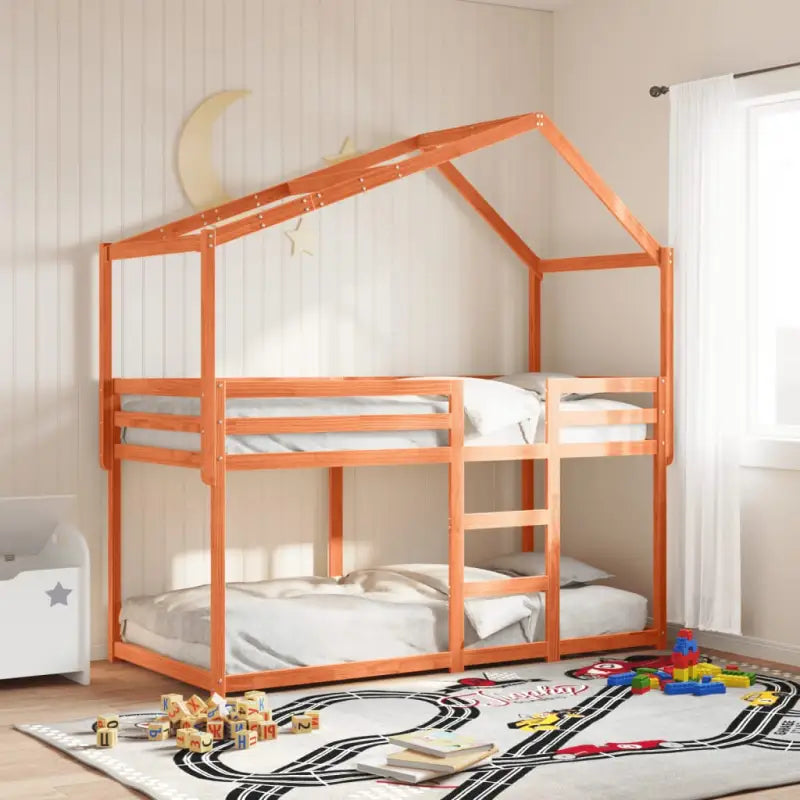 Stapelbed met bedhuis van massief grenenhout en open zijdeur - Wasbruin / 90 x 190 cm - Bedden & bedframes