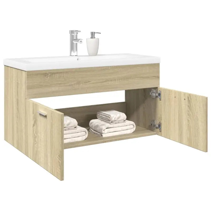 Stijlvolle badkamerkast met ingebouwde wasbak en opbergruimte - Sonoma eiken / 90 x 38.5 x 46 cm / zonder kraan