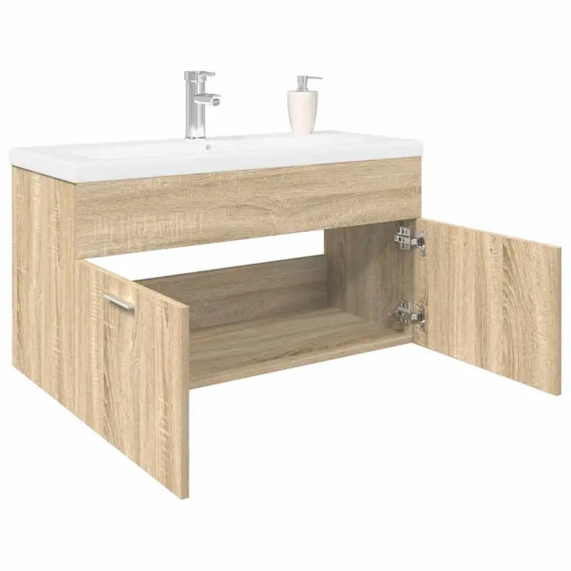 Stijlvolle badkamerkast met ingebouwde wasbak en opbergruimte - Sonoma eiken / 90 x 38.5 x 46 cm / met kraan