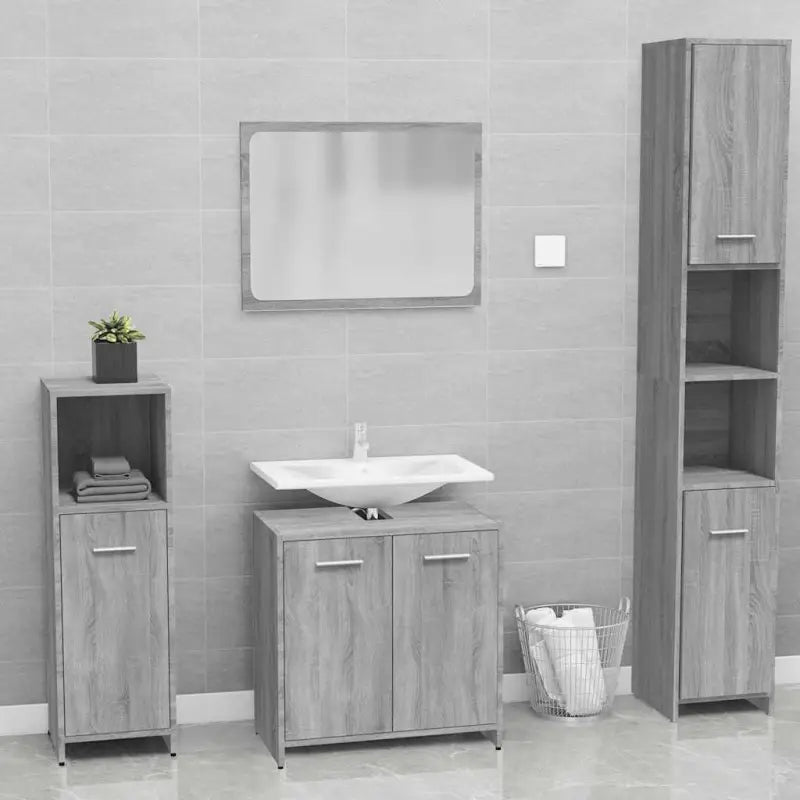 Stijlvolle badkamermeubelsets in hoogglans wit en bewerkt hout - Grijs sonoma / 2 - Badkamermeubelsets