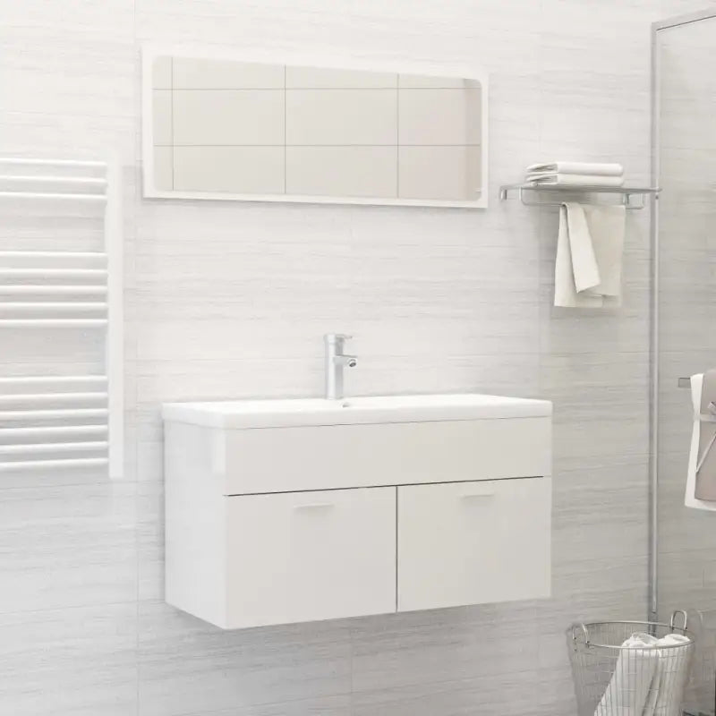 Trendy badkamermeubelset met bewerkt hout en wit materiaal - Hoogglans wit / 90 x 38.5 x 46 cm - Badkamermeubelsets